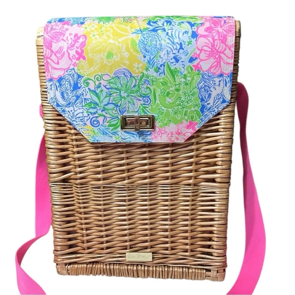 Lilly Pulitzer Wine Basket with Shoulder Strap and Two Wine Glasses